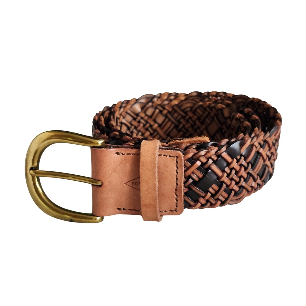 Fossil Woven Leather Belt Womens Medium Brown Braided Brass Buckle BT4367994
